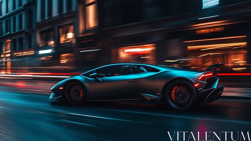 Sleek supercar races through neon city streets at night