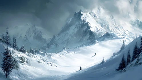 Snowboarders cross vast alpine valley under stormy peaks.