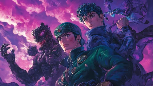 Bioluminescent duelists with spectral entities in vortex sky.