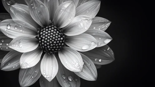 Dahlia Flower with Dew Drops in Black and White
