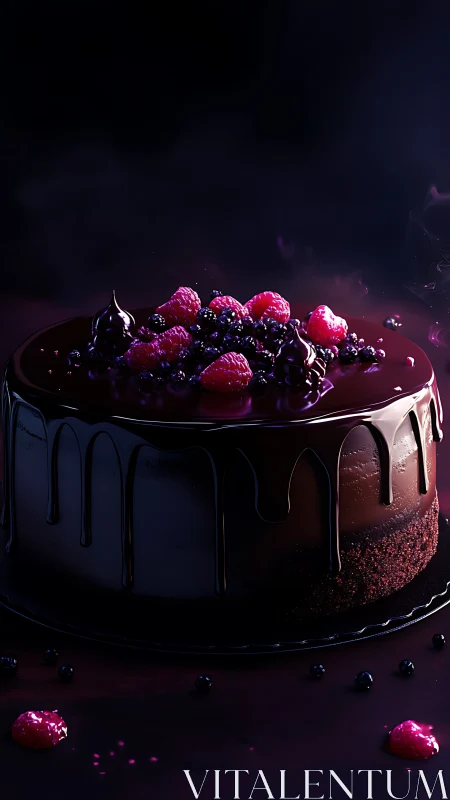 Dark chocolate cake with raspberry and blackberry garnish
