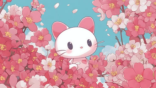 Sweet pink cat peeks out from a sea of cheerful blossoms