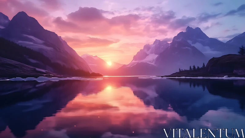 Mountain lake at sunset with reflective water surface.