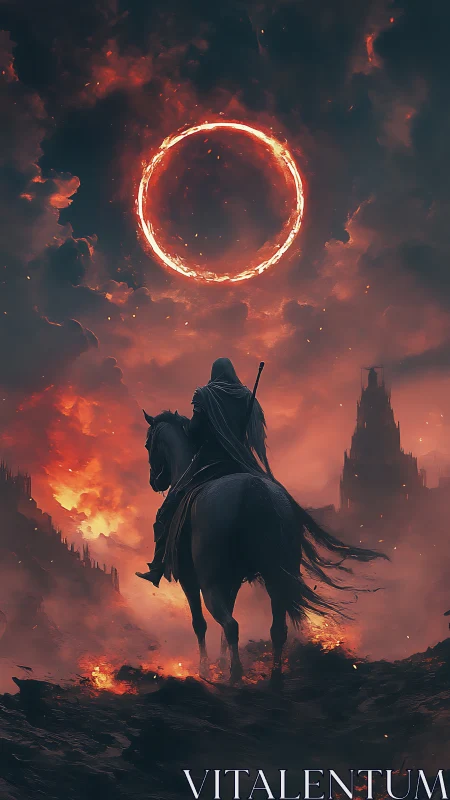 Hooded rider on warhorse under fiery eclipse ringed sky
