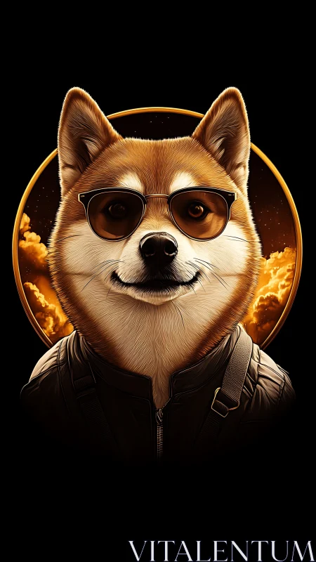 Cool shiba dog in shades against glowing sunset ring.