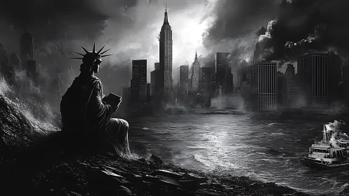 Submerged metropolis with Liberty monument in storm surge panorama.