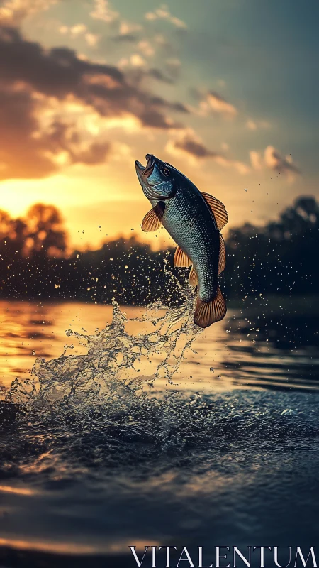 Leaping fish breaks sunset lake surface in dramatic splash.
