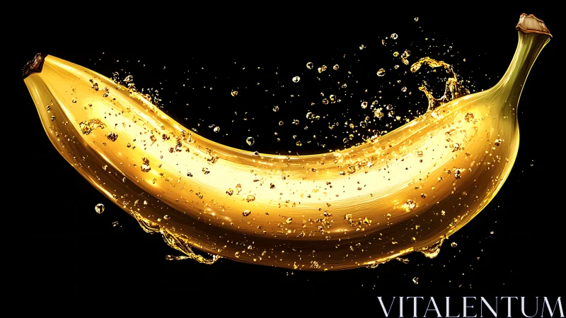 Golden banana splashes through liquid light on black