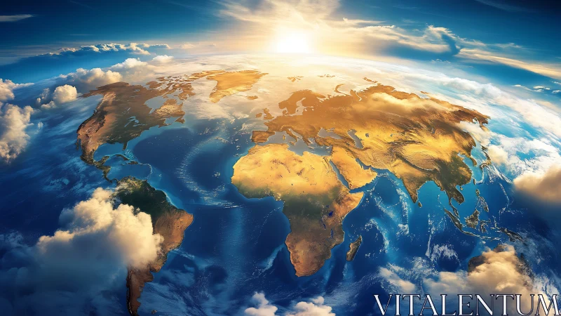 Sunlit Earth from space glows above clouds and blue oceans