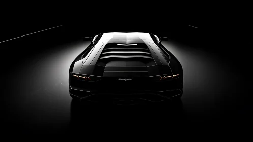 Sleek black supercar emerges from shadow in dramatic light.