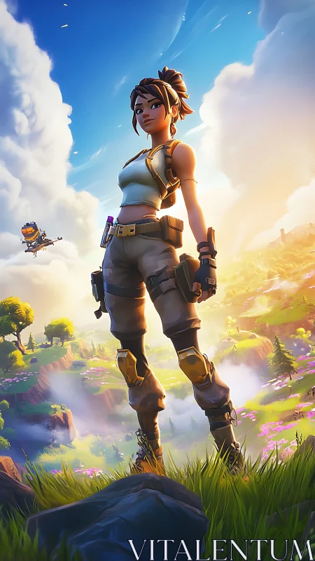 Cel-shaded battle operative surveying stylized valley landscape.