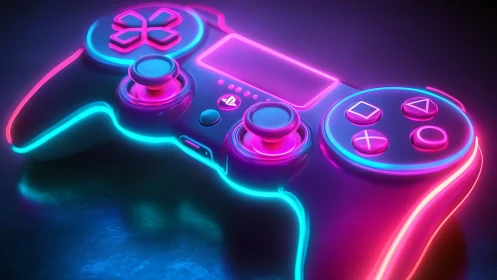 Neon game controller glows with vivid cyan magenta light.