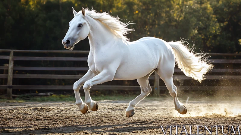 Sunlit white stallion mid-gallop in a dust-kissed arena.