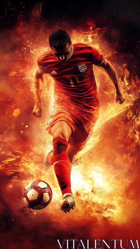 Fiery footballer charging forward in a blaze of passion.