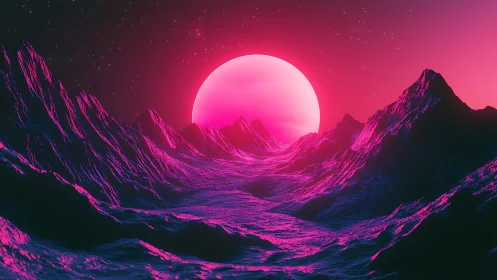 Neon alien valley under glowing magenta sunscape horizon.