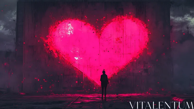 Neon Heart Luminescence: Silhouetted Figure Before Intense Magenta Radiance