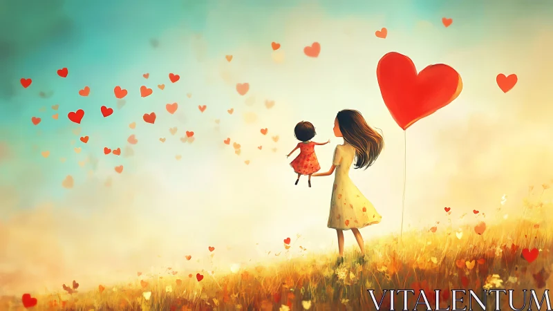Woman holding child in field with oversized red heart balloon.