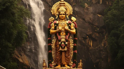 Golden forest goddess before roaring cliffside waterfall.