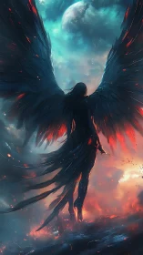 Winged humanoid silhouette against luminous planetary sky.