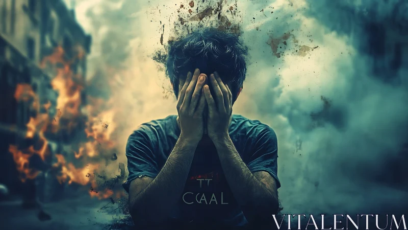 Distressed man holding face amid burning chaotic street scene.