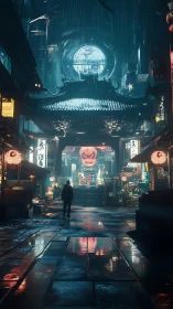 Rain-soaked cyberpunk alley with neon gates and lone figure