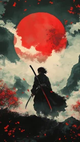Samurai silhouette stands before oversized red sun in mist