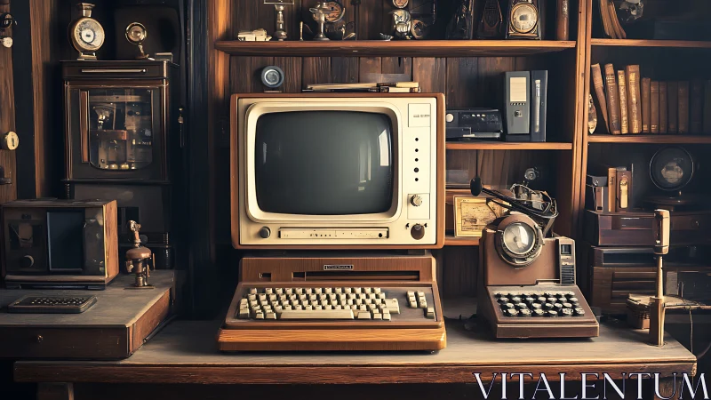 Vintage computer workstation with retro office devices.