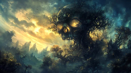 Skull-shaped forest citadel glows over haunted valley.