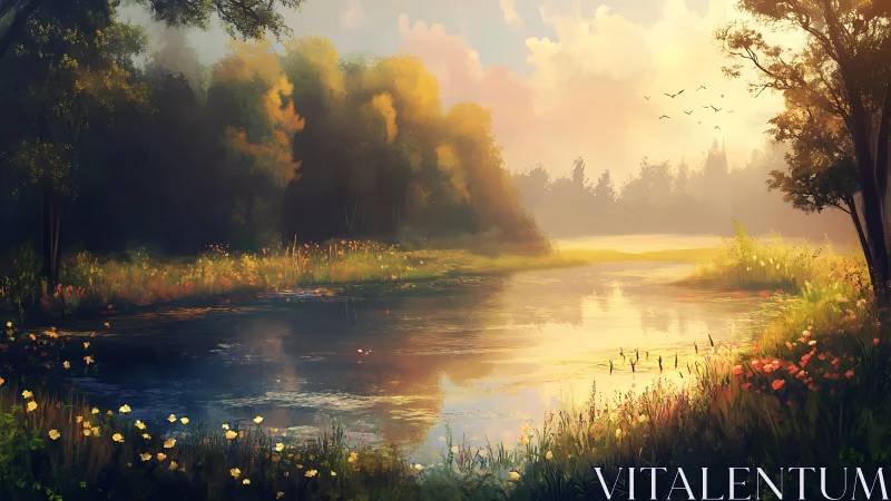 Sunlit forest pond with wildflower banks at golden hour.