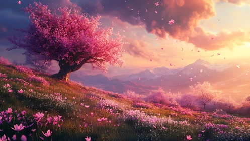 Spectral blossom hillside under volumetric sunset sky field.