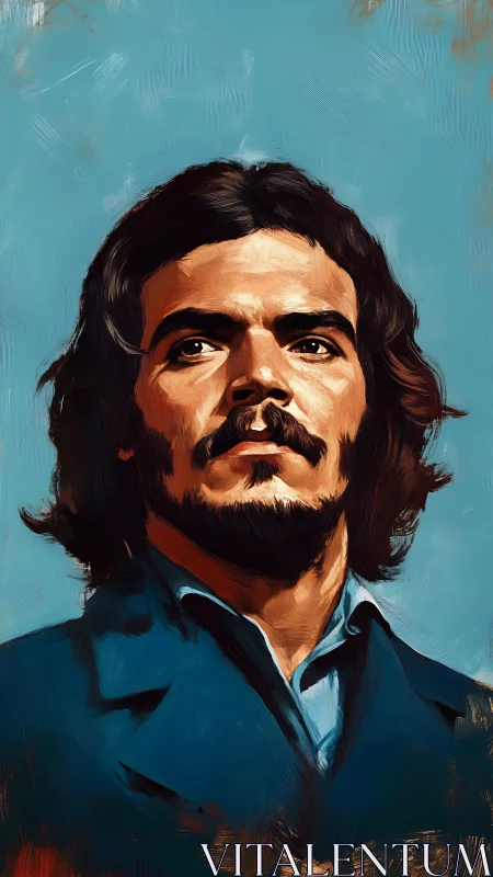 Oil portrait of long haired bearded man in teal formal suit