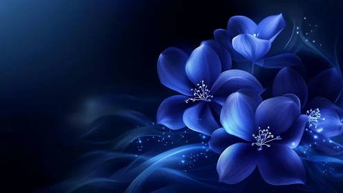 Luminous Blue Floral Composition with Ethereal Particle Effects.