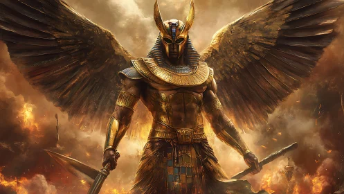 Winged sun-king strides through molten desert twilight