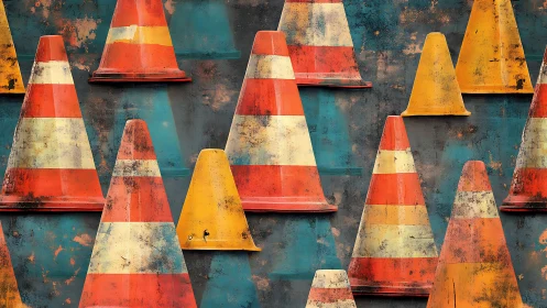Playful traffic cones line up against a weathered teal wall