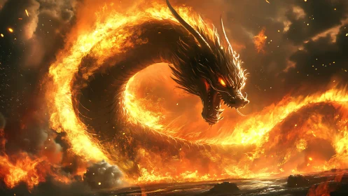 Coiled fire dragon emerges within dense atmospheric flames