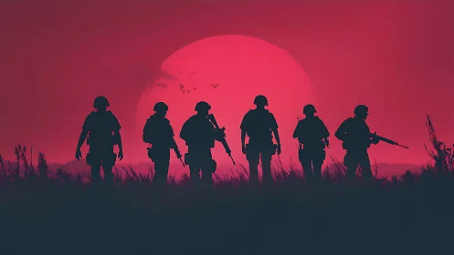 Armed soldier silhouettes against large red setting sun.