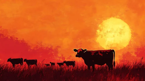 Cows wandering home under a glowing country sunset sky.