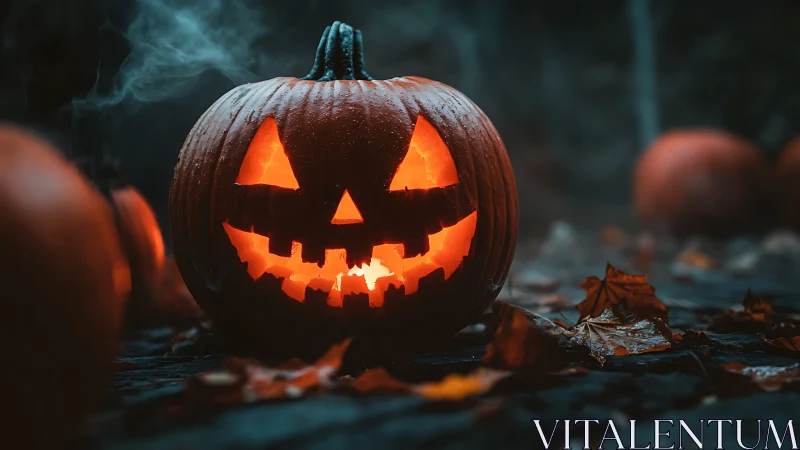 Low-angle jack-o’-lantern with internal candle glow and wet leaf litter