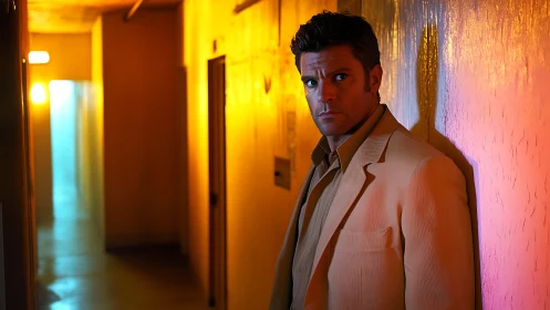 Neon corridor portrait under asymmetric tungsten-cyan lighting.