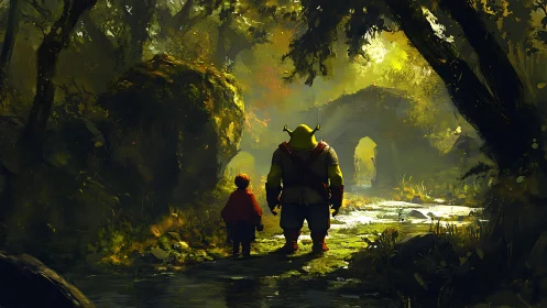 Ogre and child crossing luminous forest creek toward ruins