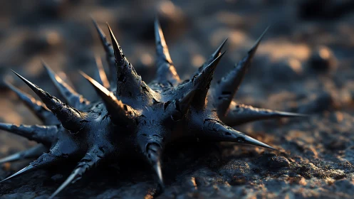 Spiked metallic object rests on rough ground at sunset