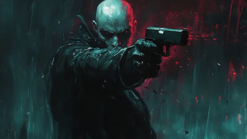 Mysterious night wanderer framed in moody city glow.