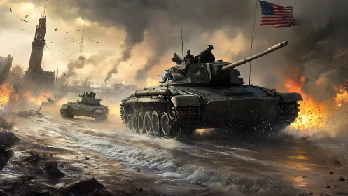 Armored battle tanks advance through a burning city storm