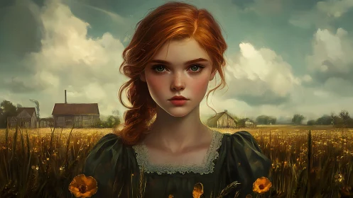 Cinematic portrait of red‑haired farm girl in golden meadow light