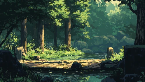 Digital forest scene with volumetric light rendering through deciduous canopy and aquatic environmen