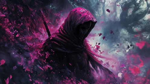 Hooded shadow warrior emerges in swirling magenta storm