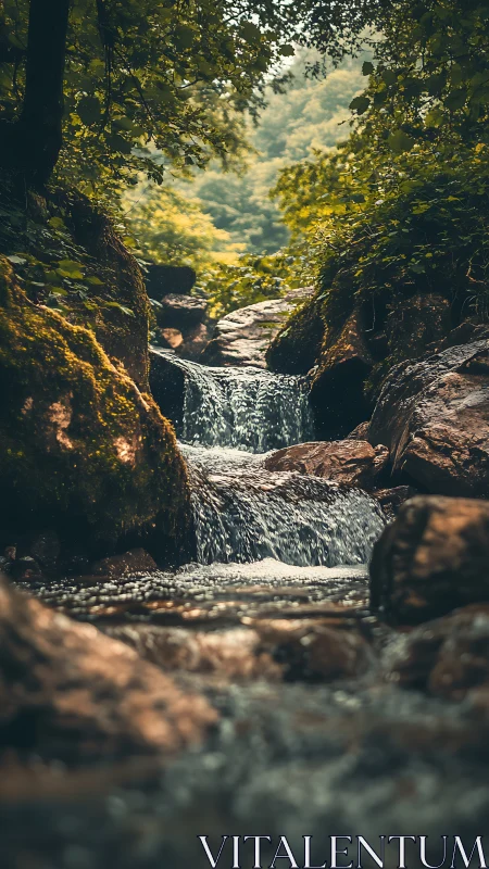 Forest stream cascades through mossy rocks in soft light