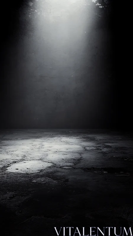 Soft spotlight over worn concrete in a quiet dark room.