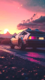 Retro-futuristic stainless car on neon desert highway at dusk.