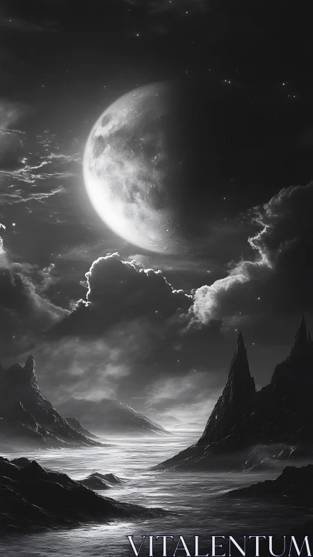 Monochrome extraterrestrial seascape under crescent moon.